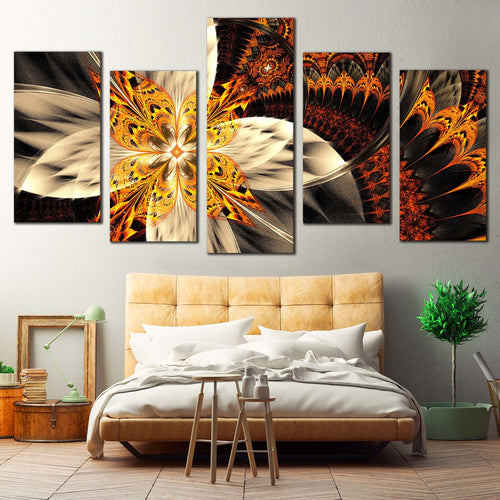 fractal flower canvas wall art orange digital abstract floral 5 piece canvas print yellow abstract pattern multiple canvas For Bedroom