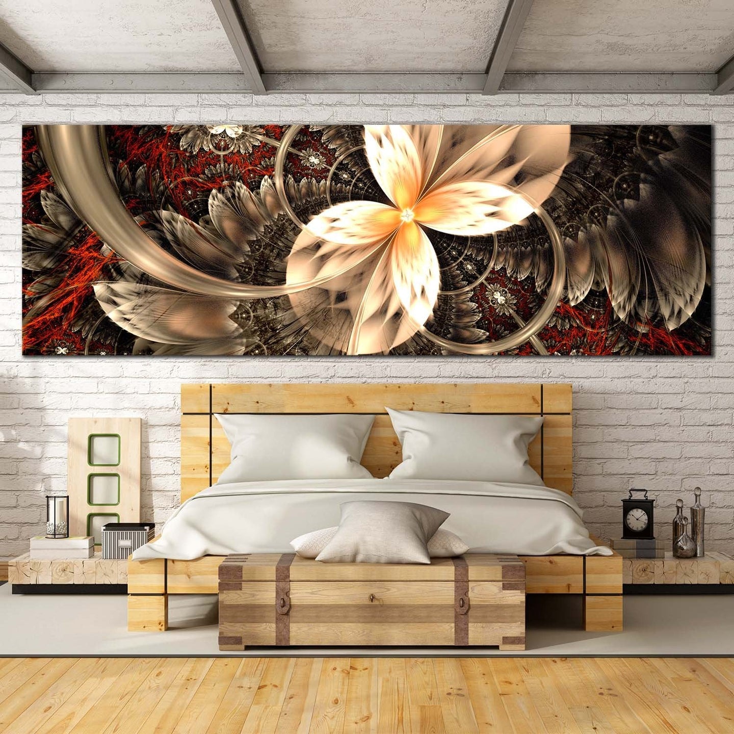 fractal  flower  canvas  wall  art  red  symmetrical  abstract  1  piece  canvas  abstract  digital  artwork  graphic  wide  canvas  brown  elegant  abstract  canvas  print For Bedroom