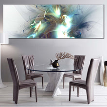 Load image into Gallery viewer, fractal  glow  canvas  wall  art  white  elegant  abstract  panoramic  canvas  blue  green  abstract  canvas  artwork In Dinning Room
