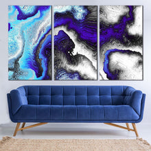 Load image into Gallery viewer, fractal pattern canvas print abstract liquid texture 3 piece canvas wall art blue black abstract multiple canvas In Living Room
