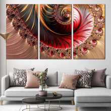 Load image into Gallery viewer, fractal swirl canvas wall art red abstract art spin 3 piece canvas orange graphic illustration triptych canvas print In Living Room
