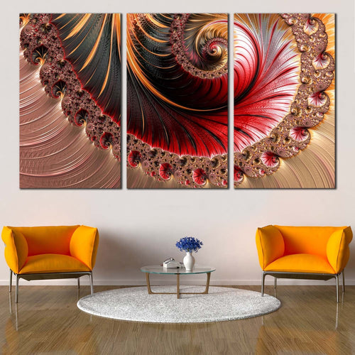 fractal swirl canvas wall art red abstract art spin 3 piece canvas orange graphic illustration triptych canvas print For Living Room