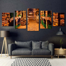 Load image into Gallery viewer, france winery canvas wall art orange wine cellar canvas set green wine bottles canvas print champagne glasses clicking 5 piece canvas In Living room
