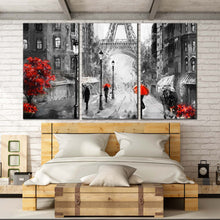 Load image into Gallery viewer, france streets buildings red tree umbrella triptych canvas prints For Bedroom
