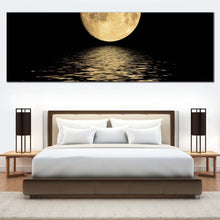 Load image into Gallery viewer, full  moon  canvas  wall  art  black  night  sky  panoramic  canvas  print  yellow  moon  ocean  waves  canvas  artwork For Bedroom
