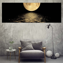 Load image into Gallery viewer, full  moon  canvas  wall  art  black  night  sky  panoramic  canvas  print  yellow  moon  ocean  waves  canvas  artwork In Living Room
