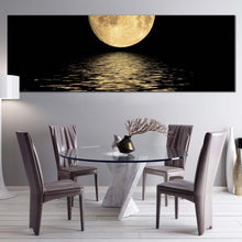 Load image into Gallery viewer, full  moon  canvas  wall  art  black  night  sky  panoramic  canvas  print  yellow  moon  ocean  waves  canvas  artwork In Dinning Room
