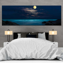 Load image into Gallery viewer, full  moon  canvas  wall  art  blue  cloudy  ocean  at  night  1  piece  canvas  print  brown  rock  beach  canvas  artwork For Bedroom
