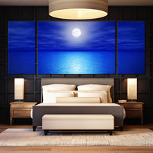 Load image into Gallery viewer, full moon blue sky ocean seascape 3 panel canvas print In Bedroom

