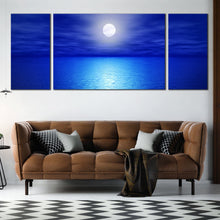 Load image into Gallery viewer, full moon over ocean triptych canvas wall art In Living Room
