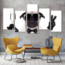 Load image into Gallery viewer, funny dog canvas wall art white black cool pug multi canvas artwork new year dog 5 piece canvas set In Living Room
