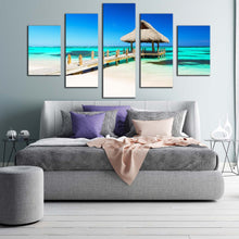 Load image into Gallery viewer, gazebo beach canvas wall art punta cana sea green ocean 5 piece canvas print dominican republic blue sky ocean multi canvas artwork In Bedroom
