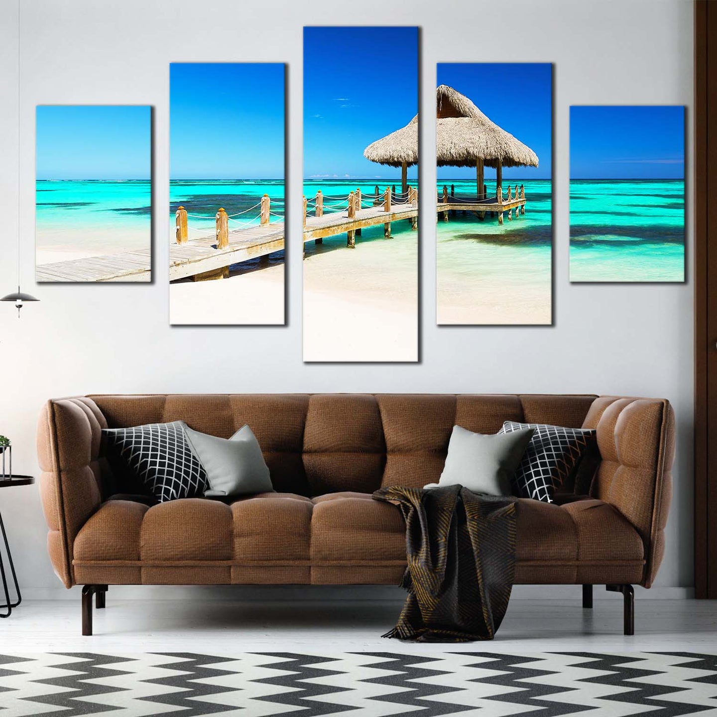 gazebo beach canvas wall art punta cana sea green ocean 5 piece canvas print dominican republic blue sky ocean multi canvas artwork For Living room