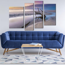 Load image into Gallery viewer, georgia ocean canvas print white driftwood beach 4 piece canvas wall art yellow sky ocean beach multi canvas artwork for living room
