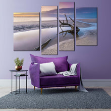 Load image into Gallery viewer, georgia ocean canvas print white driftwood beach 4 piece canvas wall art yellow sky ocean beach multi canvas artwork for your living room
