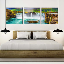 Load image into Gallery viewer, godafoss  waterfall  canvas  print  sea  green  skjalfandafljot  river  waterfall  canvas  set  beautiful  colorful  waterfall  iceland  3  piece  canvas  wall  art In Bedroom
