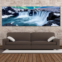 Load image into Gallery viewer, godafoss  waterfall  canvas  wall  art  amazing  blue  waterfall  in  iceland  1  piece  canvas  print  green  northern  lights  waterfall  wide  canvas For Living Room
