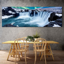 Load image into Gallery viewer, godafoss  waterfall  canvas  wall  art  amazing  blue  waterfall  in  iceland  1  piece  canvas  print  green  northern  lights  waterfall  wide  canvas In Living Room
