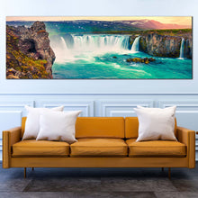 Load image into Gallery viewer, godafoss  waterfall  canvas  wall  art  sea  green  skjalfandafljot  river  panoramic  canvas  print  europe  brown  landscape  iceland  waterfall  wide  canvas In Living Room
