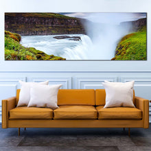 Load image into Gallery viewer, golden  falls  canvas  print  white  river  in  iceland  europe  panoramic  canvas  wall  art  iconic  waterfall  green  landscape  wide  canvas In Living Room
