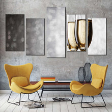 Load image into Gallery viewer, golden wine canvas wall art champagne drink glasses 5 piece canvas yellow black winery glasses canvas print For Your Living Room
