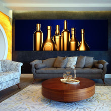 Load image into Gallery viewer, golden  alcohol  bottles  blue  background  large  canvas  wall  art In Living Room
