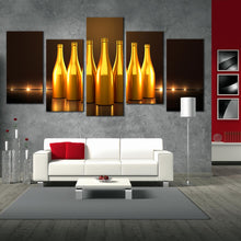 Load image into Gallery viewer, golden champagne bottles canvas blue background 5 panel canvas prints For Living Room
