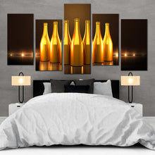 Load image into Gallery viewer, golden champagne bottles canvas dark background 5 panel canvas prints For Bedroom
