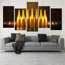 Load image into Gallery viewer, golden champagne bottles with dark background 5 panel canvas prints In Living Room
