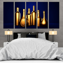 Load image into Gallery viewer, golden champagne wine bottles canvas blue background 5 panel canvas prints For Bedroom
