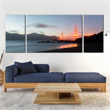 Load image into Gallery viewer, golden gate bridge mountains sky sunset 3 panel canvas In Living Room
