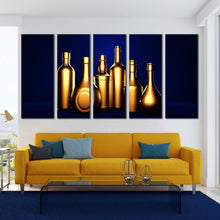 Load image into Gallery viewer, golden liquor bottles with blue background 5 panel canvas prints For Living Room
