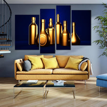 Load image into Gallery viewer, golden wine alcohol bottles blue 4 piece canvas prints 
