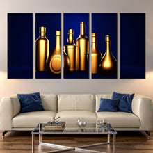 Load image into Gallery viewer, golden wine bottles canvas blue background 5 panel canvas prints In Living Room
