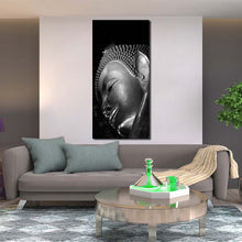 Load image into Gallery viewer, grand  buddha  canvas  print  black  and  white  buddha  canvas  artwork  grey  buddha  statue  close  up  1  piece  vertical  canvas  wall  art In Living Room
