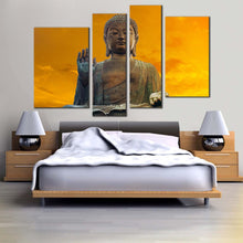 Load image into Gallery viewer, grand buddha canvas wall art hong kong yellow sunset buddha 4 piece canvas brown buddha statue blessing canvas print in bedroom
