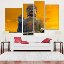 Load image into Gallery viewer, grand buddha canvas wall art hong kong yellow sunset buddha 4 piece canvas brown buddha statue blessing canvas print for living room
