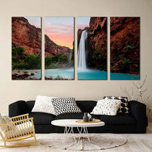 Load image into Gallery viewer, grand canyon canvas print blue havasu falls lake 4 piece canvas wall art arizona brown mountain waterfall canvas set In Living Room
