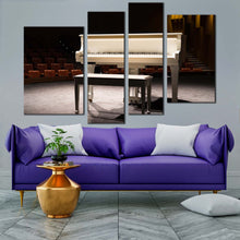 Load image into Gallery viewer, grand piano canvas print white elegant piano 4 piece canvas wall art brown chair music instrument multi canvas for your living room 
