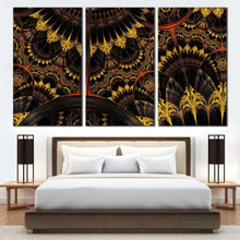 Load image into Gallery viewer, graphic abstract canvas wall art black abstract fractal digital artwork canvas print yellow abstract fractal flower 3 piece canvas In Bedroom
