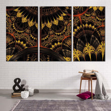 Load image into Gallery viewer, graphic abstract canvas wall art black abstract fractal digital artwork canvas print yellow abstract fractal flower 3 piece canvas
