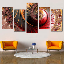 Load image into Gallery viewer, graphic illustration canvas wall art orange fractal swirl canvas set red orange abstract fractal pattern 5 piece canvas print In Living Room
