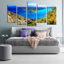 Load image into Gallery viewer, greece ocean canvas print green island spinalonga multi canvas artwork crete blue ocean sea 5 piece canvas wall art For Bedrom
