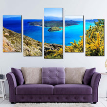 Load image into Gallery viewer, greece ocean canvas print green island spinalonga multi canvas artwork crete blue ocean sea 5 piece canvas wall art In Living Room
