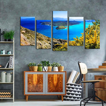 Load image into Gallery viewer, greece ocean canvas print green island spinalonga multi canvas artwork crete blue ocean sea 5 piece canvas wall art For Living Room
