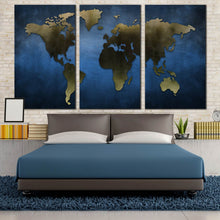 Load image into Gallery viewer, grey World Map blue background abstract 3 piece canvas art For Bedroom
