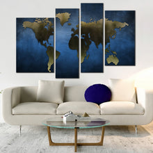 Load image into Gallery viewer, grey black World Map blue background 4 Panel Canvas Art 
