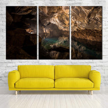 Load image into Gallery viewer, grjotagia cave canvas print black underground geology canvas set brown cave water 3 piece canvas wall art In Living Room
