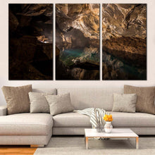 Load image into Gallery viewer, grjotagia cave canvas print black underground geology canvas set brown cave water 3 piece canvas wall art For Living Room
