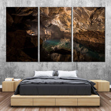 Load image into Gallery viewer, grjotagia cave canvas print black underground geology canvas set brown cave water 3 piece canvas wall art In Bedroom
